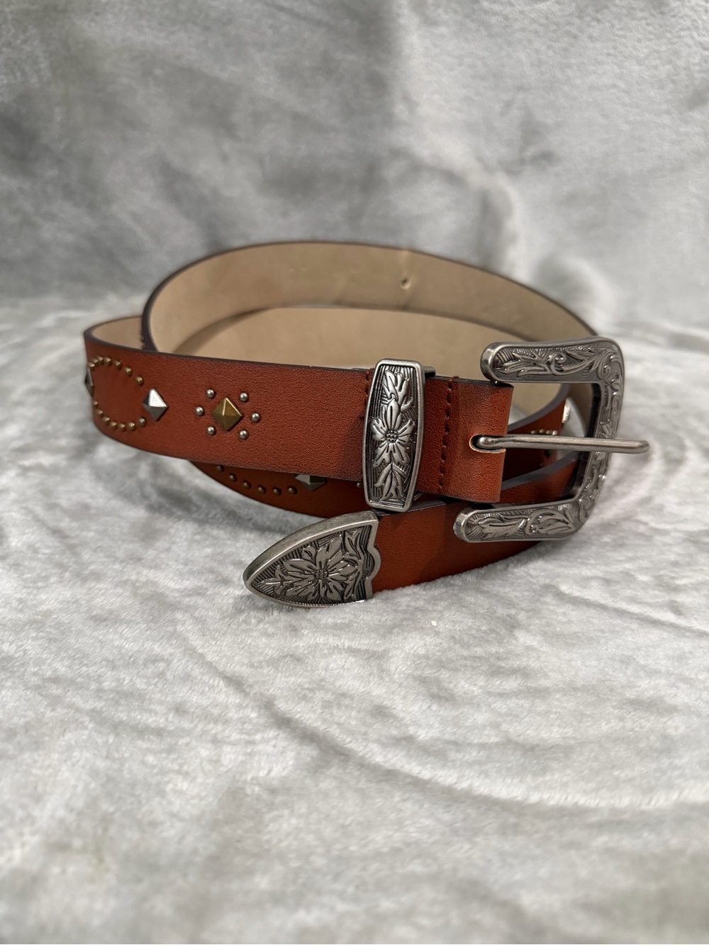 Western Brown Faux Leather Belt-Studded, Silver Buckle
